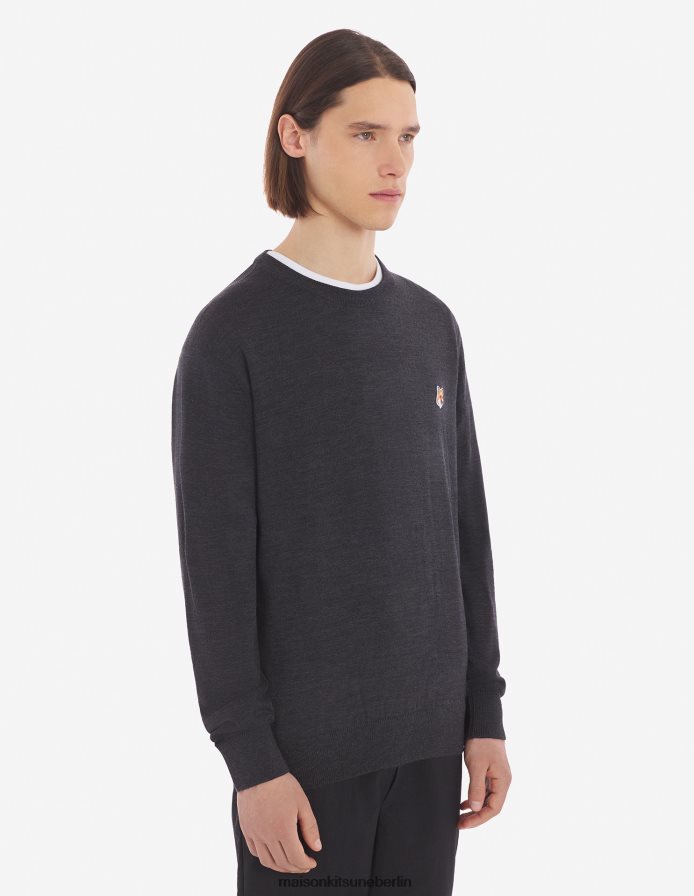 Kleidung V2DHL254 Anthrazit-Melange Männer Pullover mit normalem R-Ausschnitt und Fuchskopf-Patch Maison Kitsune