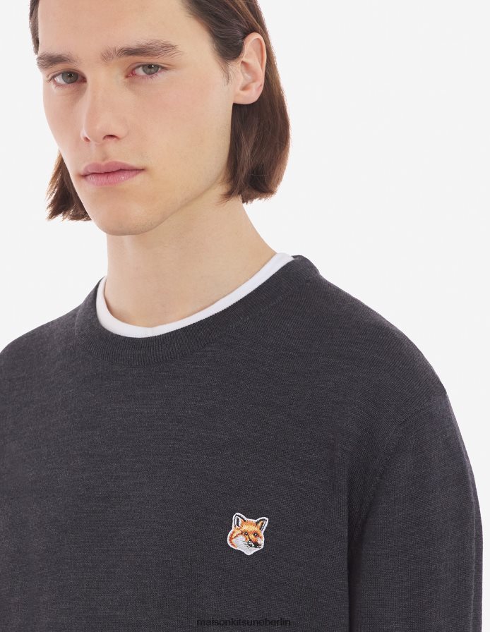 Kleidung V2DHL254 Anthrazit-Melange Männer Pullover mit normalem R-Ausschnitt und Fuchskopf-Patch Maison Kitsune