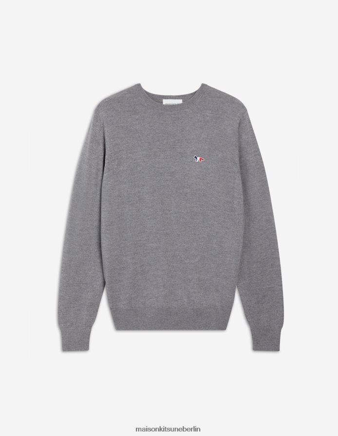 Kleidung V2DHL255 graue Melange Männer Klassischer Pullover mit dreifarbigem Fuchs-Patch und R-Ausschnitt Maison Kitsune