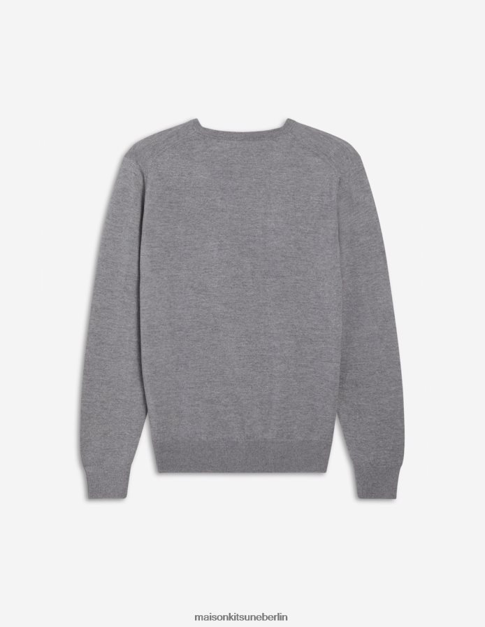 Kleidung V2DHL255 graue Melange Männer Klassischer Pullover mit dreifarbigem Fuchs-Patch und R-Ausschnitt Maison Kitsune