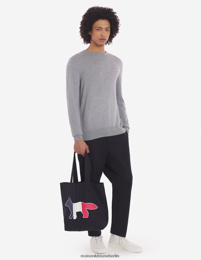 Kleidung V2DHL255 graue Melange Männer Klassischer Pullover mit dreifarbigem Fuchs-Patch und R-Ausschnitt Maison Kitsune