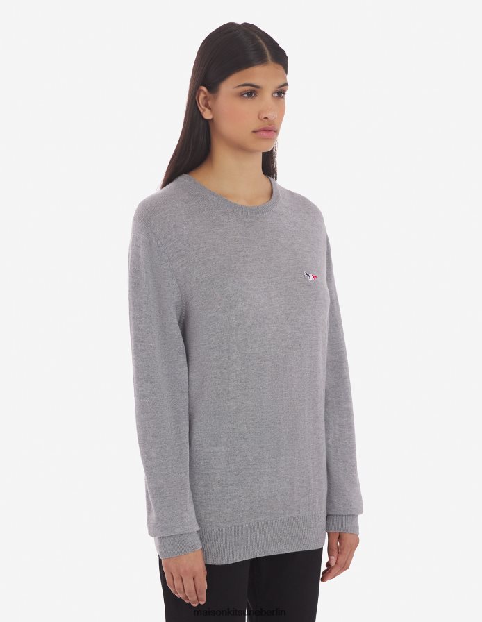 Kleidung V2DHL255 graue Melange Männer Klassischer Pullover mit dreifarbigem Fuchs-Patch und R-Ausschnitt Maison Kitsune