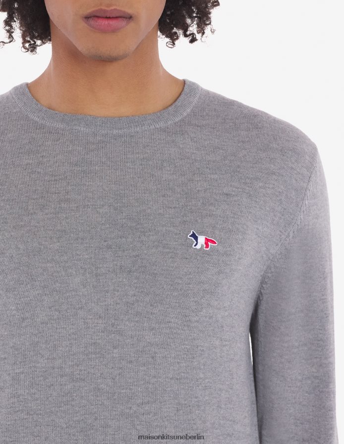 Kleidung V2DHL255 graue Melange Männer Klassischer Pullover mit dreifarbigem Fuchs-Patch und R-Ausschnitt Maison Kitsune