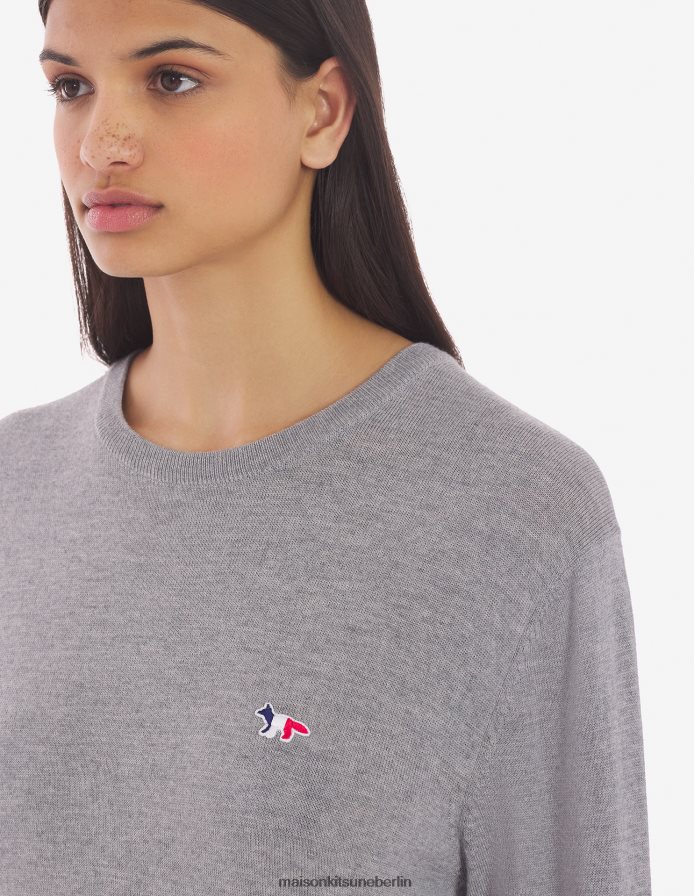 Kleidung V2DHL255 graue Melange Männer Klassischer Pullover mit dreifarbigem Fuchs-Patch und R-Ausschnitt Maison Kitsune