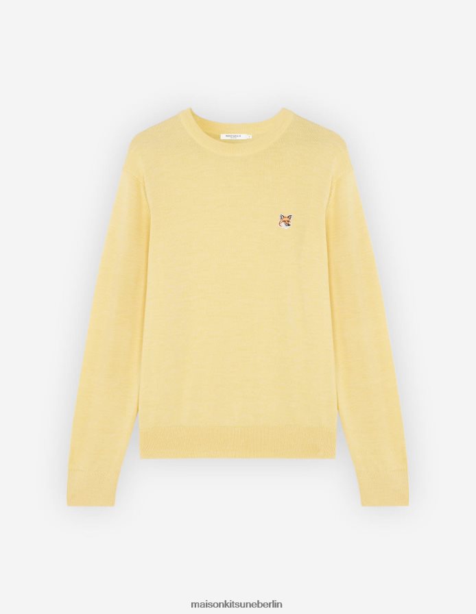 Kleidung V2DHL256 sanftes Gelb Männer Pullover mit normalem R-Ausschnitt und Fuchskopf-Patch Maison Kitsune