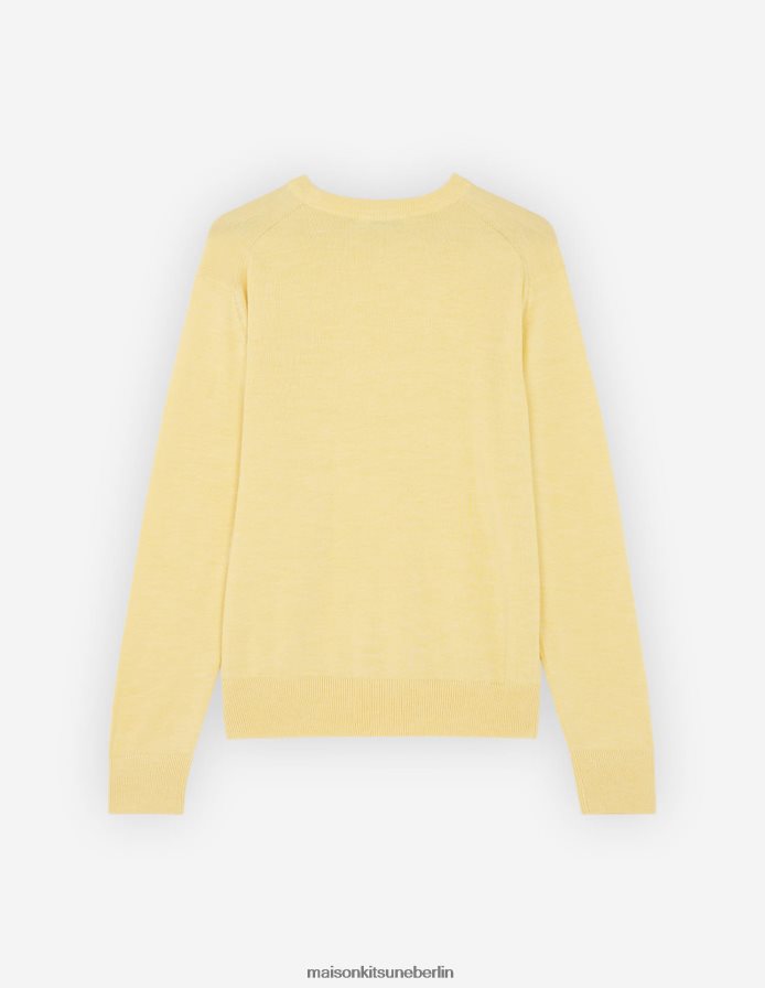 Kleidung V2DHL256 sanftes Gelb Männer Pullover mit normalem R-Ausschnitt und Fuchskopf-Patch Maison Kitsune