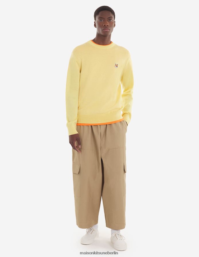 Kleidung V2DHL256 sanftes Gelb Männer Pullover mit normalem R-Ausschnitt und Fuchskopf-Patch Maison Kitsune