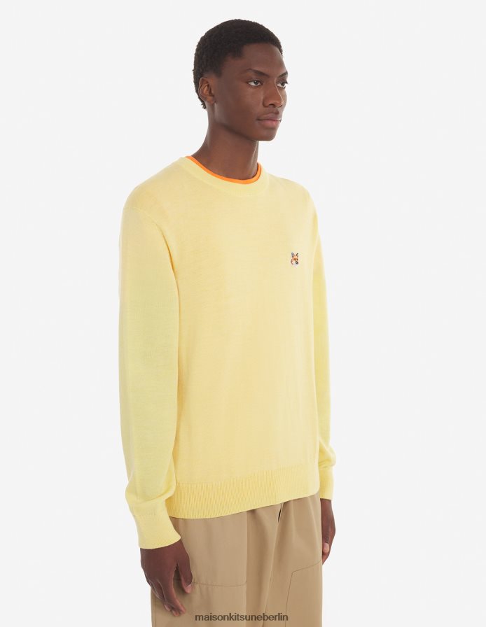 Kleidung V2DHL256 sanftes Gelb Männer Pullover mit normalem R-Ausschnitt und Fuchskopf-Patch Maison Kitsune