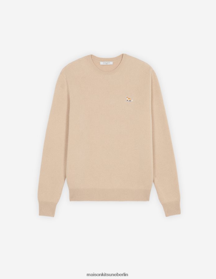 Kleidung V2DHL257 Beige Männer Kuscheliger Baby-Fuchs-Patch-Pullover mit R-Ausschnitt Maison Kitsune