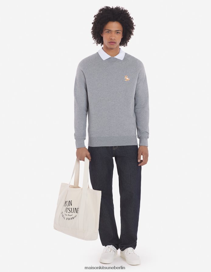 Kleidung V2DHL129 graue Melange Männer Klassisches Sweatshirt mit Chillax-Fuchs-Patch Maison Kitsune