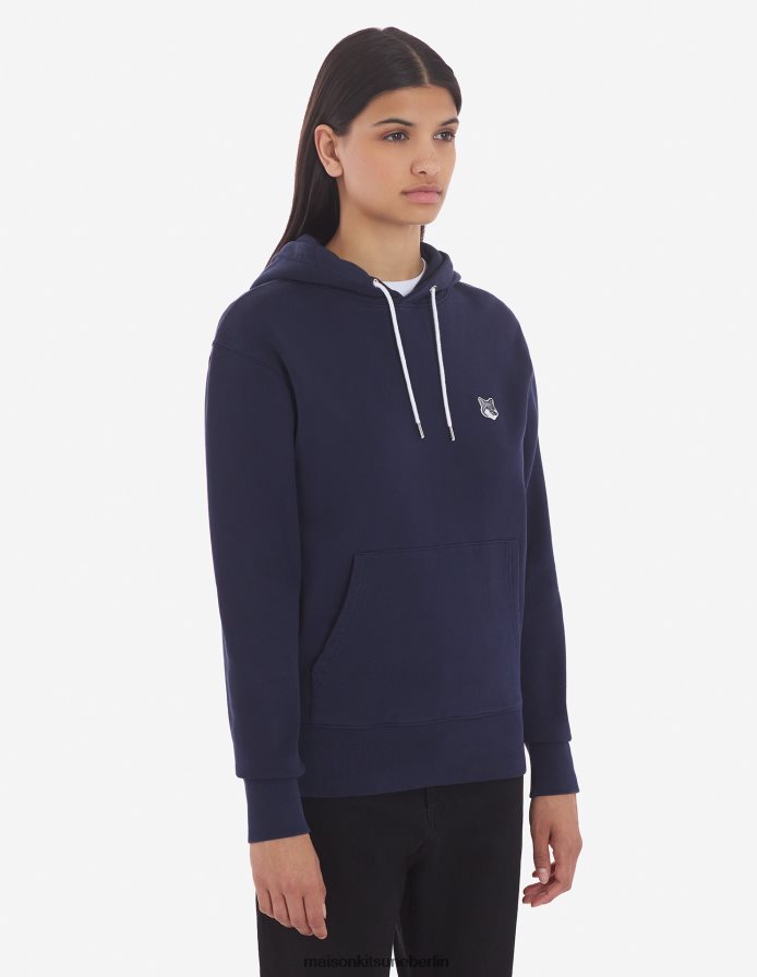 Kleidung V2DHL146 Marine Männer Klassischer Kapuzenpullover mit grauem Fuchskopf-Patch Maison Kitsune