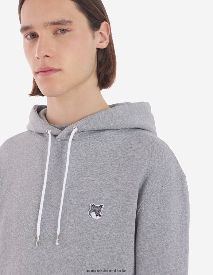 Kleidung V2DHL149 graue Melange Männer Klassischer Kapuzenpullover mit grauem Fuchskopf-Patch Maison Kitsune