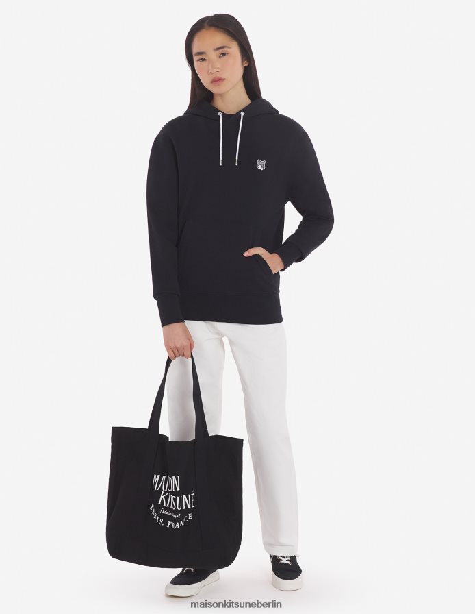 Kleidung V2DHL150 Schwarz Männer Klassischer Kapuzenpullover mit grauem Fuchskopf-Patch Maison Kitsune