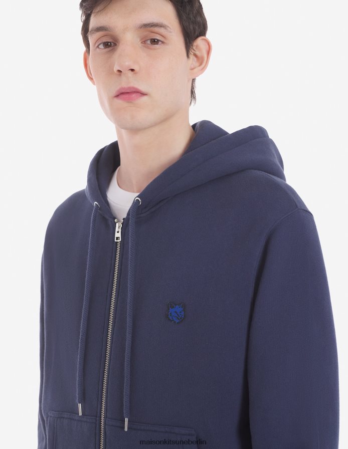 Kleidung V2DHL158 tintenblau Männer Komfort-Kapuzenpullover mit auffälligem Fuchskopf-Patch und Reißverschluss Maison Kitsune