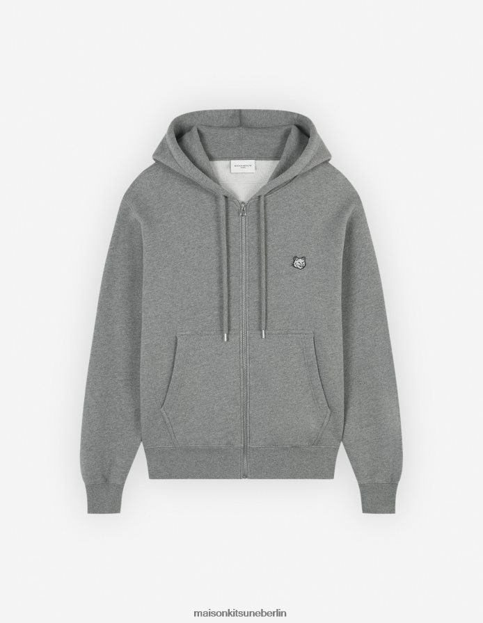 Kleidung V2DHL159 mittelgraue Melange Männer Komfort-Kapuzenpullover mit auffälligem Fuchskopf-Patch und Reißverschluss Maison Kitsune