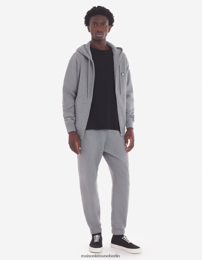 Kleidung V2DHL159 mittelgraue Melange Männer Komfort-Kapuzenpullover mit auffälligem Fuchskopf-Patch und Reißverschluss Maison Kitsune