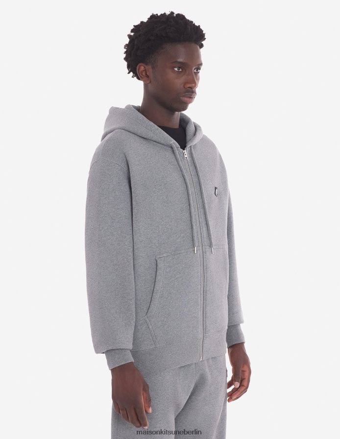 Kleidung V2DHL159 mittelgraue Melange Männer Komfort-Kapuzenpullover mit auffälligem Fuchskopf-Patch und Reißverschluss Maison Kitsune