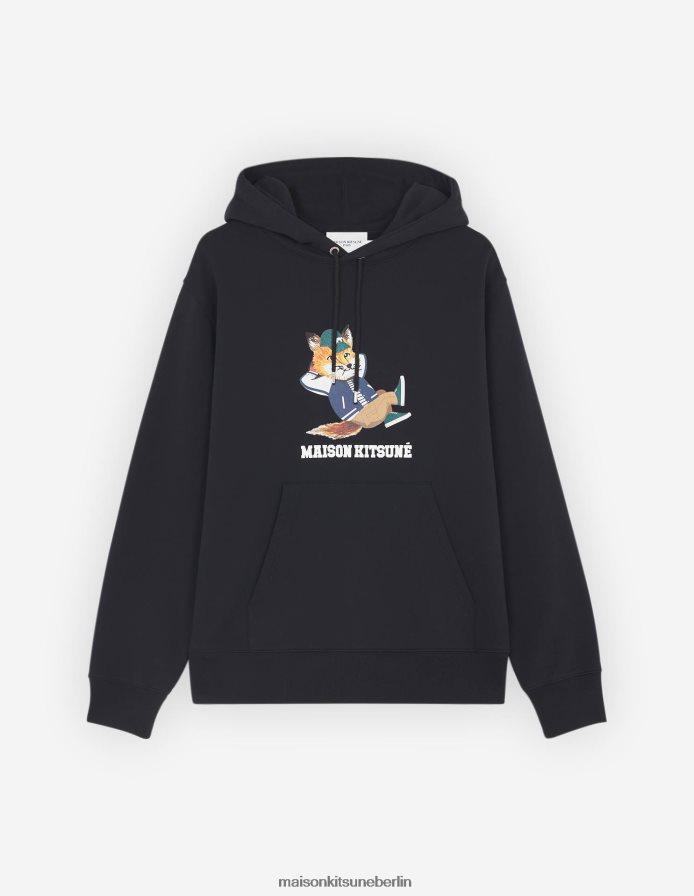 Kleidung V2DHL163 Schwarz Männer Lässiger Kapuzenpullover mit gekleidetem Fuchs Maison Kitsune
