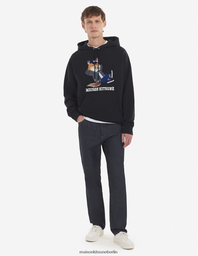 Kleidung V2DHL163 Schwarz Männer Lässiger Kapuzenpullover mit gekleidetem Fuchs Maison Kitsune
