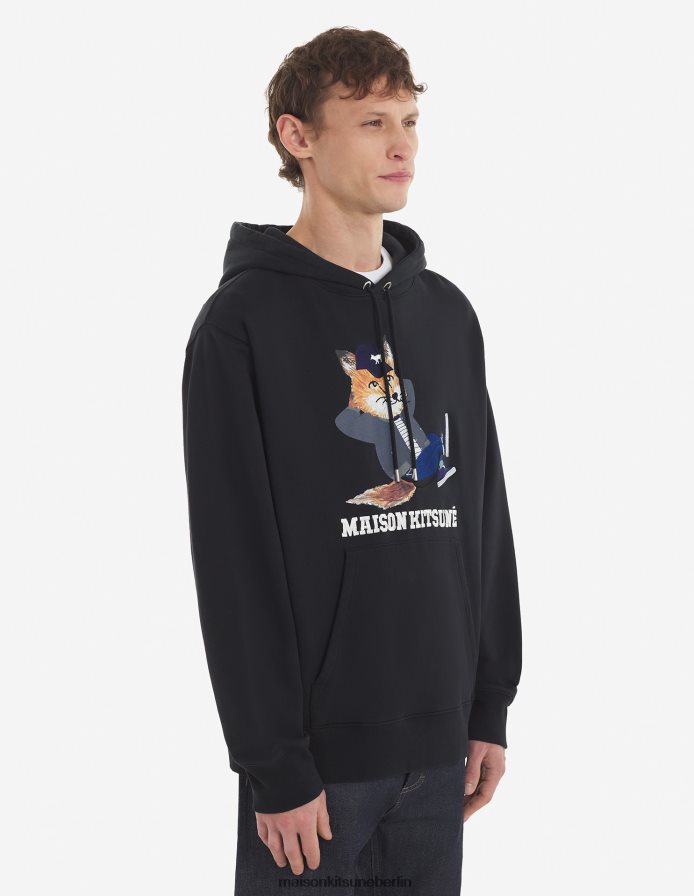 Kleidung V2DHL163 Schwarz Männer Lässiger Kapuzenpullover mit gekleidetem Fuchs Maison Kitsune