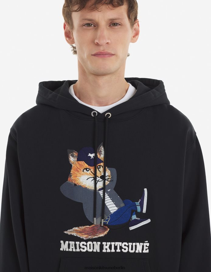 Kleidung V2DHL163 Schwarz Männer Lässiger Kapuzenpullover mit gekleidetem Fuchs Maison Kitsune