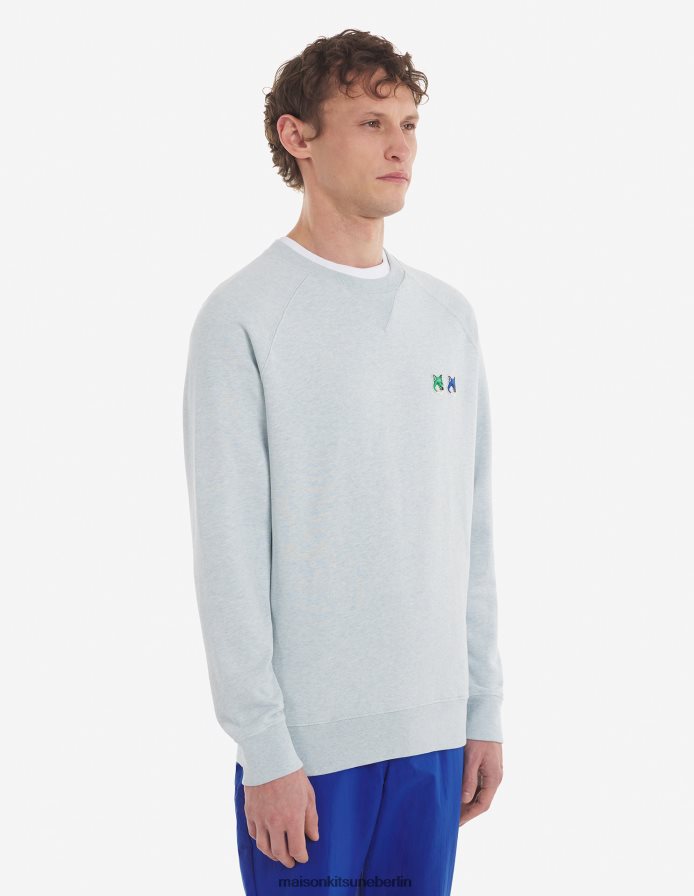 Kleidung V2DHL167 Blaue Dunst-Melange Männer Klassisches Sweatshirt mit doppeltem monochromen Fuchskopf Maison Kitsune