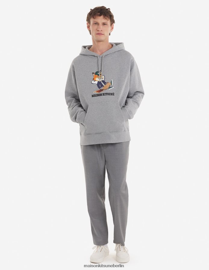 Kleidung V2DHL172 graue Melange Männer Lässiger Kapuzenpullover mit gekleidetem Fuchs Maison Kitsune