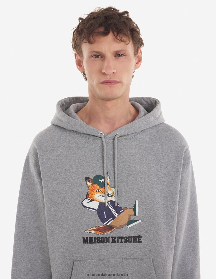 Kleidung V2DHL172 graue Melange Männer Lässiger Kapuzenpullover mit gekleidetem Fuchs Maison Kitsune