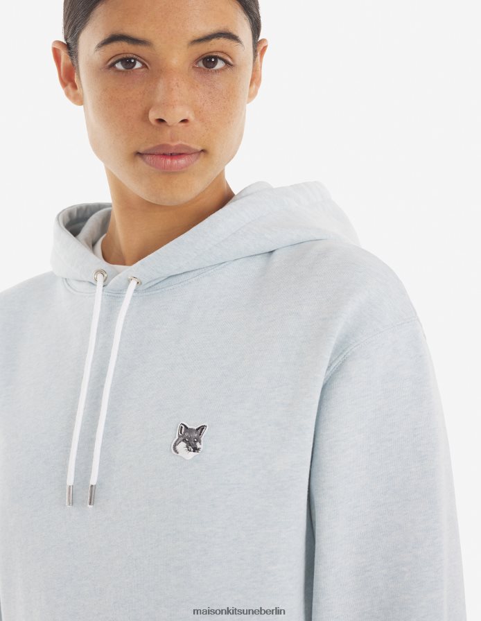 Kleidung V2DHL173 Blaue Dunst-Melange Männer Klassischer Kapuzenpullover mit grauem Fuchskopf-Patch Maison Kitsune