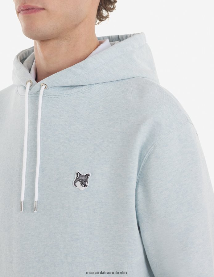 Kleidung V2DHL173 Blaue Dunst-Melange Männer Klassischer Kapuzenpullover mit grauem Fuchskopf-Patch Maison Kitsune