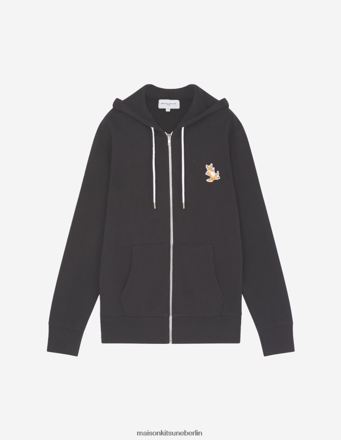 Kleidung V2DHL176 Schwarz Männer Kapuzenpullover mit Reißverschluss und Chillax-Fuchs-Patch Maison Kitsune