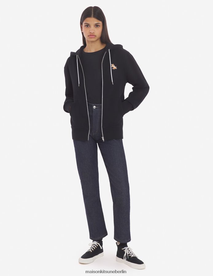 Kleidung V2DHL176 Schwarz Männer Kapuzenpullover mit Reißverschluss und Chillax-Fuchs-Patch Maison Kitsune