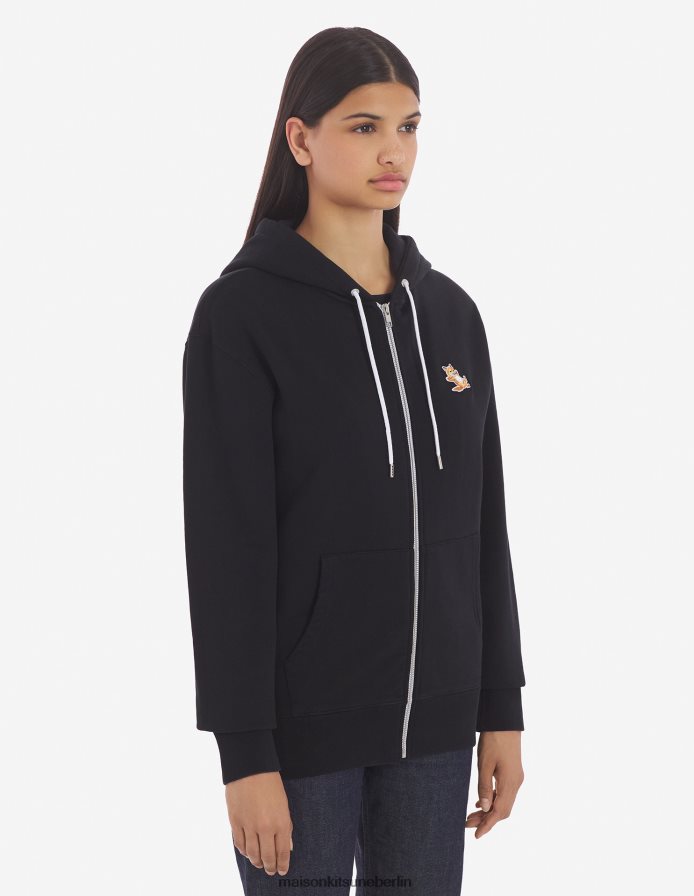 Kleidung V2DHL176 Schwarz Männer Kapuzenpullover mit Reißverschluss und Chillax-Fuchs-Patch Maison Kitsune