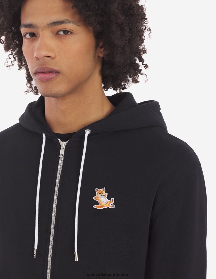 Kleidung V2DHL176 Schwarz Männer Kapuzenpullover mit Reißverschluss und Chillax-Fuchs-Patch Maison Kitsune