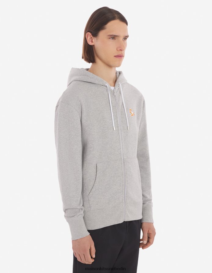 Kleidung V2DHL177 graue Melange Männer Kapuzenpullover mit Reißverschluss und Chillax-Fuchs-Patch Maison Kitsune