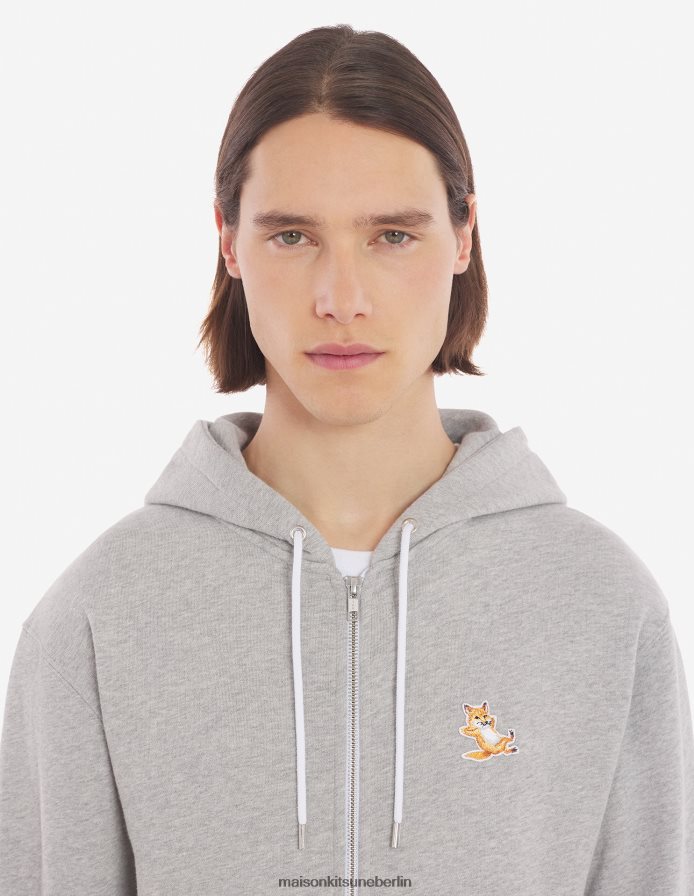 Kleidung V2DHL177 graue Melange Männer Kapuzenpullover mit Reißverschluss und Chillax-Fuchs-Patch Maison Kitsune
