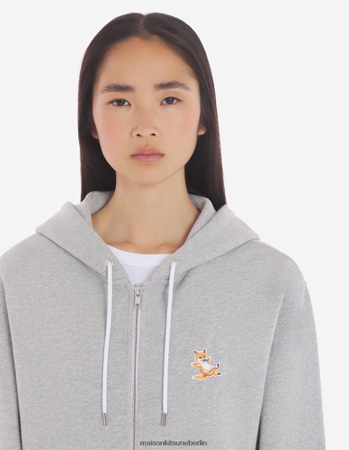 Kleidung V2DHL177 graue Melange Männer Kapuzenpullover mit Reißverschluss und Chillax-Fuchs-Patch Maison Kitsune
