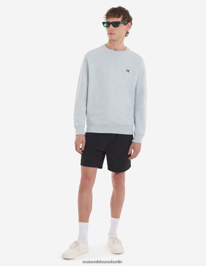 Kleidung V2DHL178 Blaue Dunst-Melange Männer Klassisches Sweatshirt mit grauem Fuchskopf-Patch Maison Kitsune