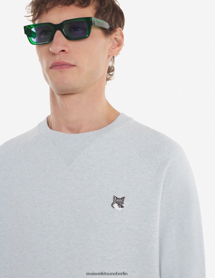 Kleidung V2DHL178 Blaue Dunst-Melange Männer Klassisches Sweatshirt mit grauem Fuchskopf-Patch Maison Kitsune