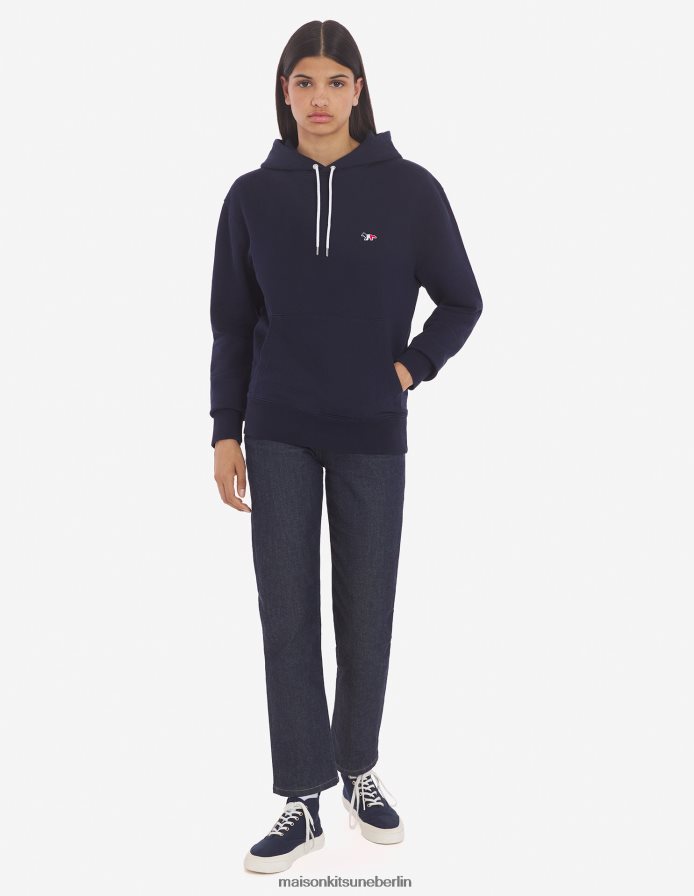 Kleidung V2DHL181 Marine Männer Klassischer Kapuzenpullover mit dreifarbigem Fuchs-Patch Maison Kitsune