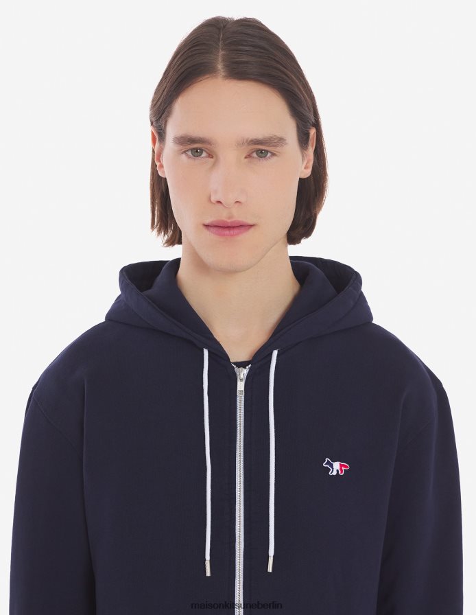 Kleidung V2DHL182 Marine Männer Kapuzenpullover mit dreifarbigem Fuchs-Patch und Reißverschluss Maison Kitsune