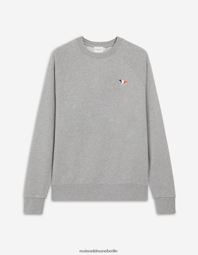 Kleidung V2DHL186 graue Melange Männer Sauberes Sweatshirt mit dreifarbigem Fuchs-Patch Maison Kitsune