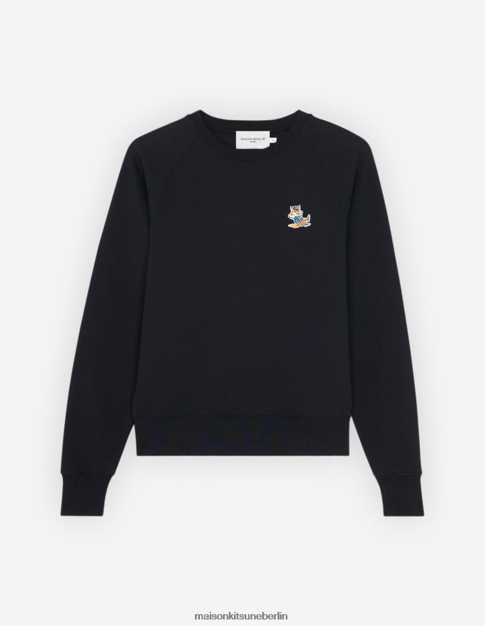 Kleidung V2DHL190 Schwarz Männer Angepasstes Sweatshirt mit gekleidetem Fuchs-Patch Maison Kitsune