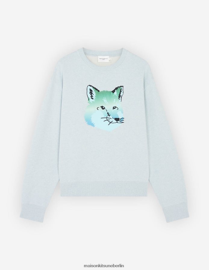 Kleidung V2DHL196 Blaue Dunst-Melange Männer Entspanntes Sweatshirt mit lebendigem Fuchskopf Maison Kitsune