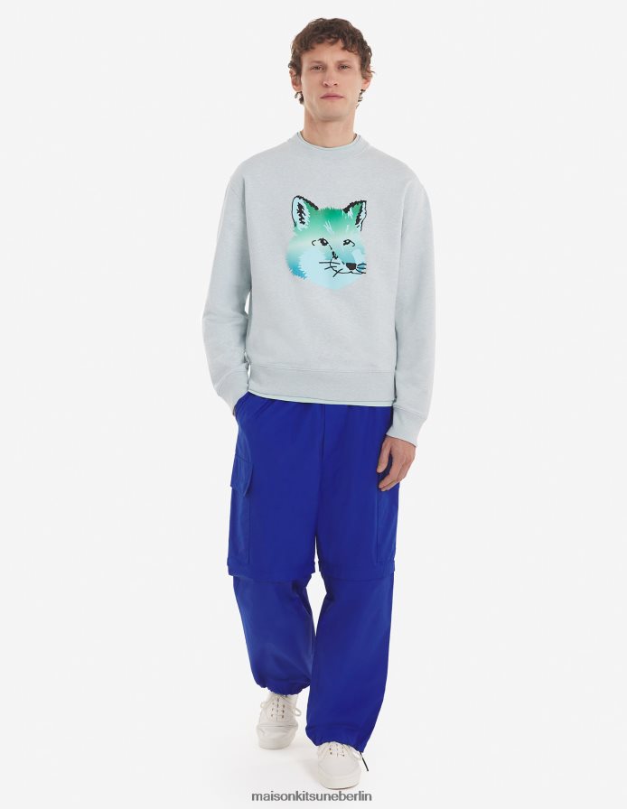 Kleidung V2DHL196 Blaue Dunst-Melange Männer Entspanntes Sweatshirt mit lebendigem Fuchskopf Maison Kitsune