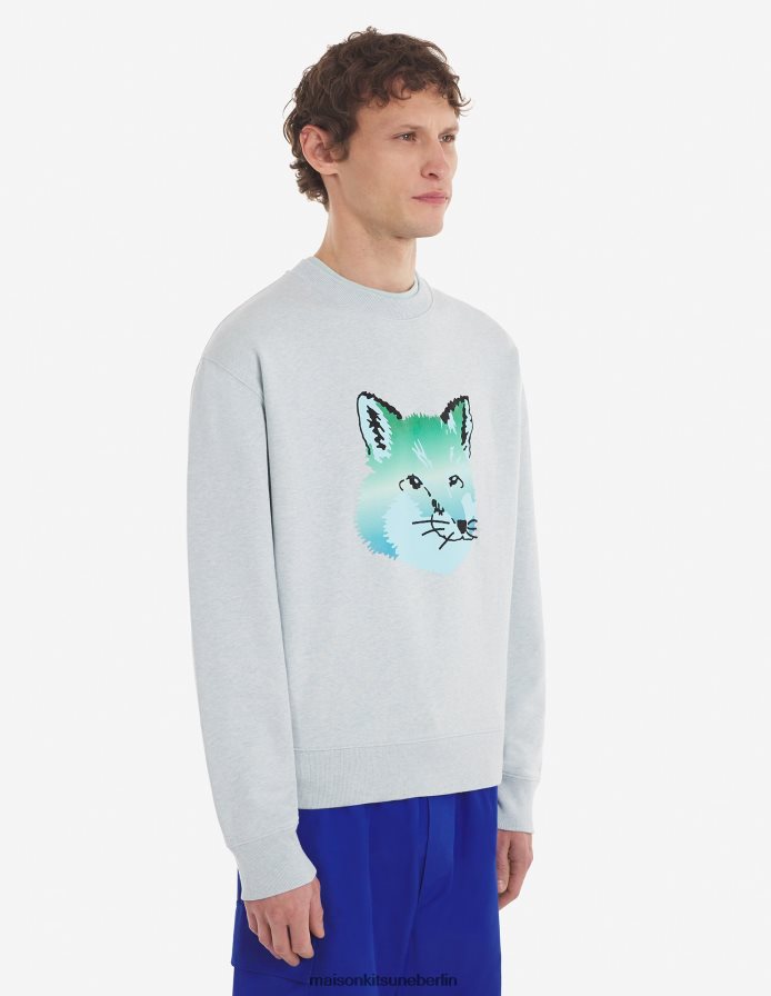 Kleidung V2DHL196 Blaue Dunst-Melange Männer Entspanntes Sweatshirt mit lebendigem Fuchskopf Maison Kitsune