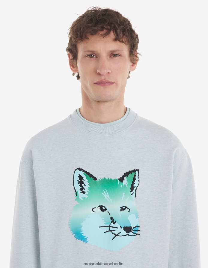 Kleidung V2DHL196 Blaue Dunst-Melange Männer Entspanntes Sweatshirt mit lebendigem Fuchskopf Maison Kitsune