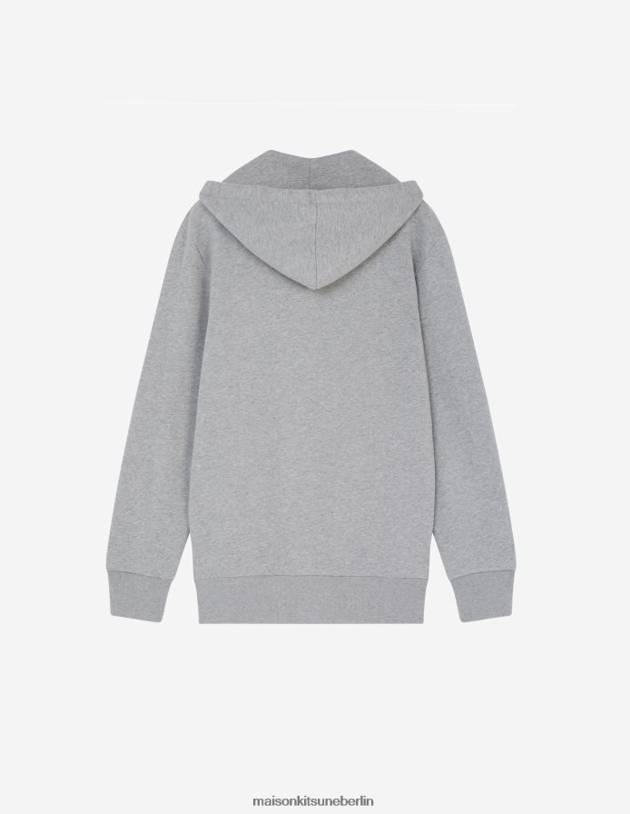 Kleidung V2DHL199 graue Melange Männer Kapuzenpullover mit dreifarbigem Fuchs-Patch und Reißverschluss Maison Kitsune