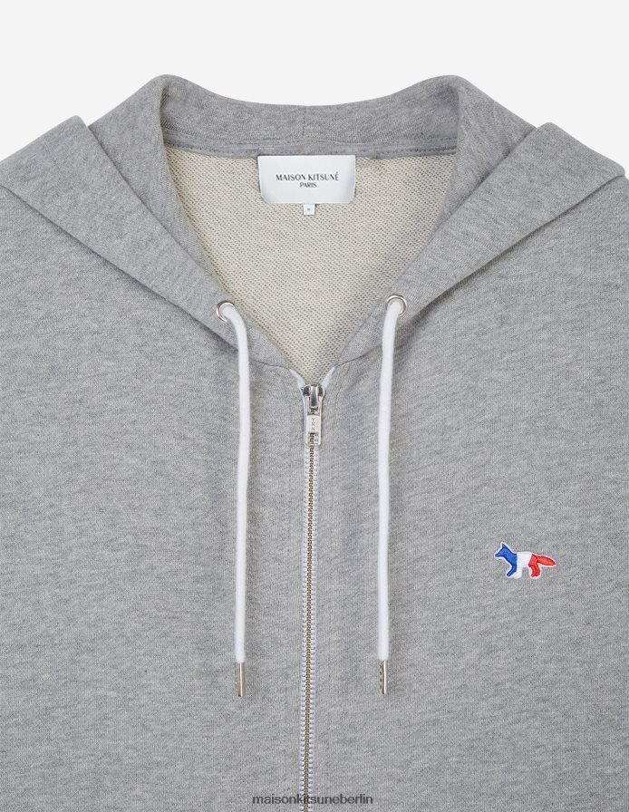 Kleidung V2DHL199 graue Melange Männer Kapuzenpullover mit dreifarbigem Fuchs-Patch und Reißverschluss Maison Kitsune