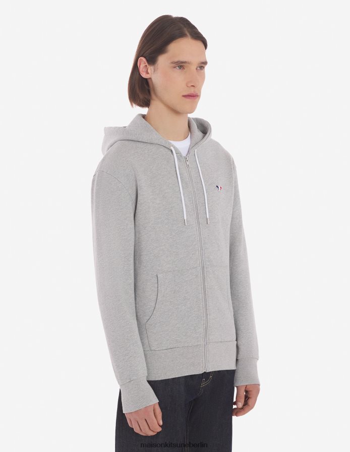 Kleidung V2DHL199 graue Melange Männer Kapuzenpullover mit dreifarbigem Fuchs-Patch und Reißverschluss Maison Kitsune